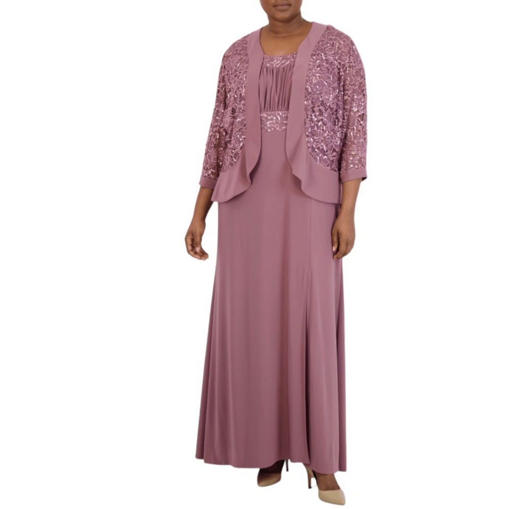 R And M Richards 2 Piece Dusty Rose Sequin Lace Jacket Jersey Gown Set Size 12